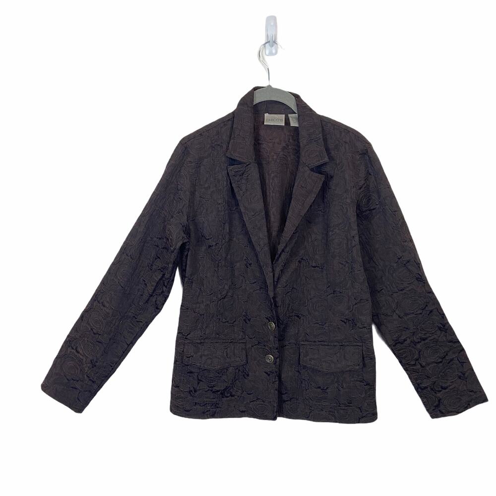 Chico's Blazer Jacket Size 4 Floral Roses Brown on Brown Vintage Career Classic
